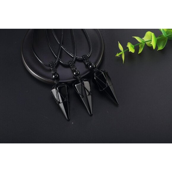 Men's Adjustable Black Rope Healing Crystal Natural Gemstone Pointed Necklace - Picture 6 of 7